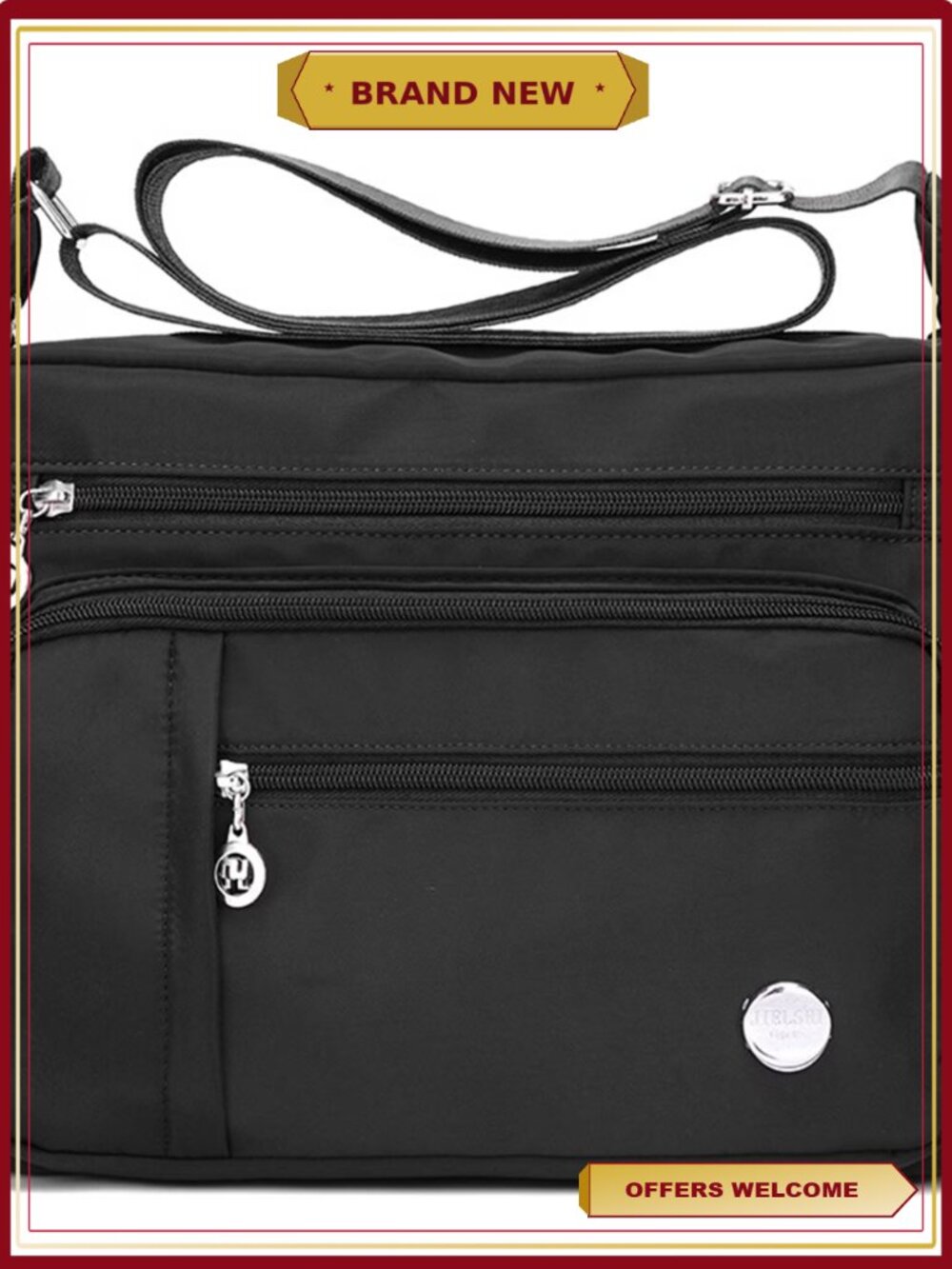 Waterproof Nylon Shoulder Bag with Multiple Pockets, Adjustable Strap Tote